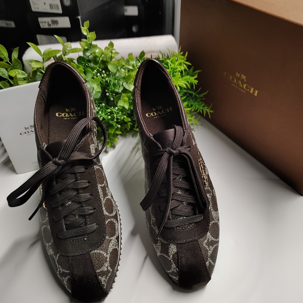 Coach Ivory Signature Monogram Sneakers | Black-Brown Chestnut Leather Trim - Picture 9 of 9